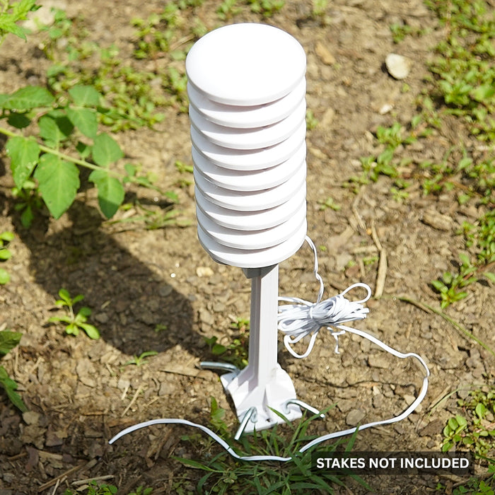 Ambient Weather WH31-SRS Solar Radiation Shield with Bracket for WH31E, WH31P, and WH31L Sensors - 8 (Lifestyle Image of Shield with Bracket in Horizontal Orientation and Stakes in the Ground)
